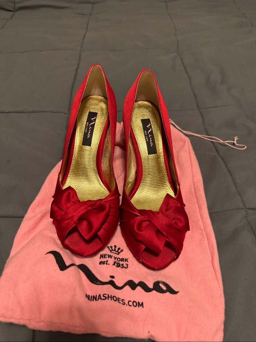 Nina Shoes Red Satin Knotted Peep-Toe Pumps